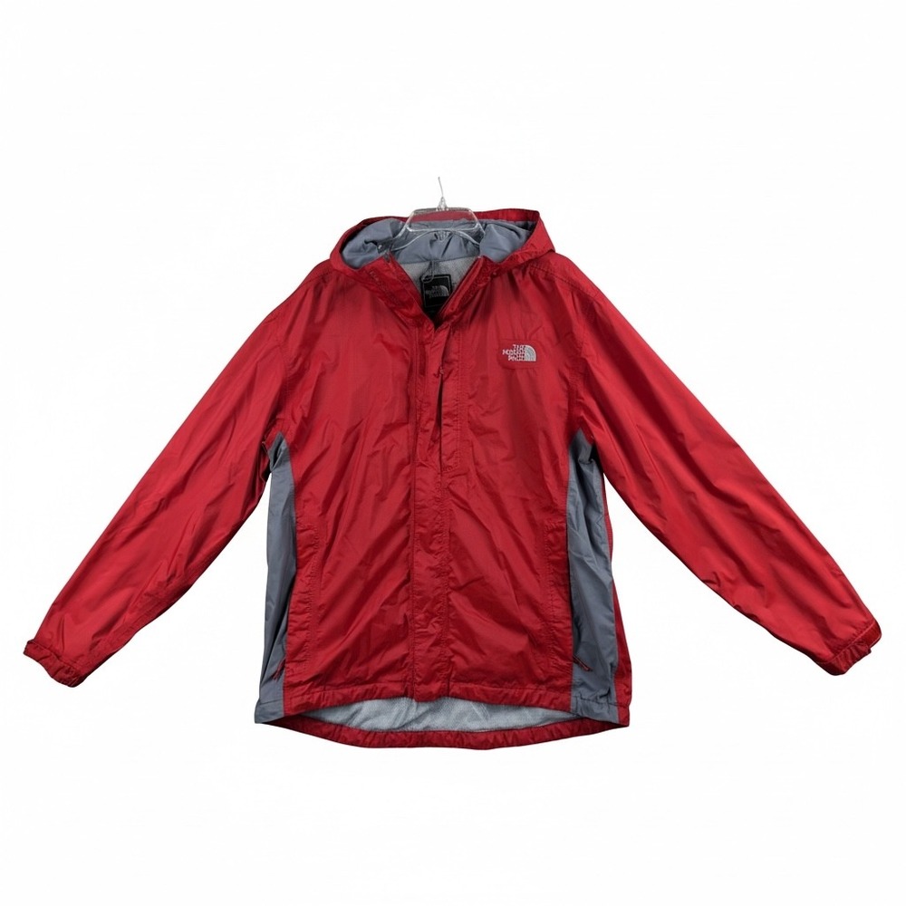 The North Face Mens Red Grey Ripstop Hooded Rain Jacket Windbreaker Size Large